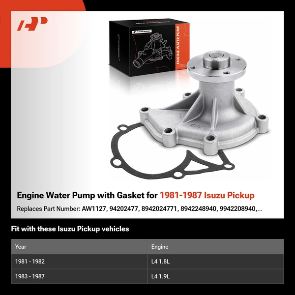 Engine Water Pump with Gasket for 1981-1987 Isuzu Pickup