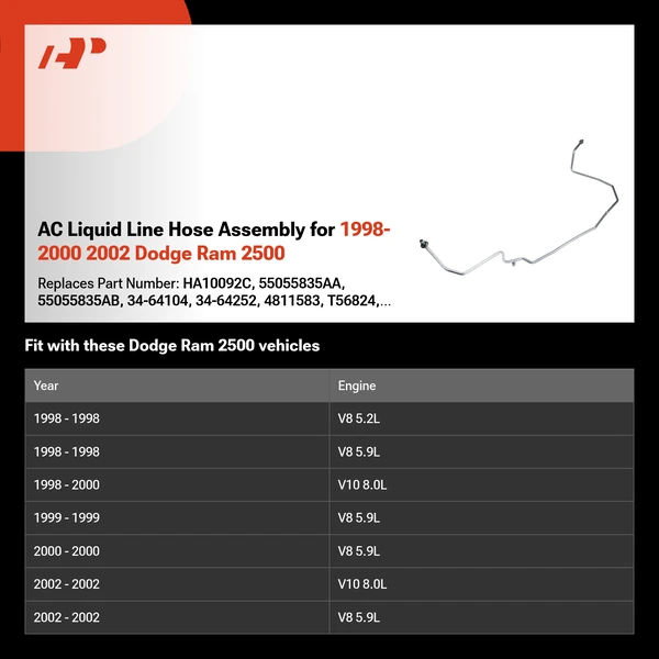 AC Liquid Line Hose Assembly for 1998-2000 2002 Dodge Ram 2500