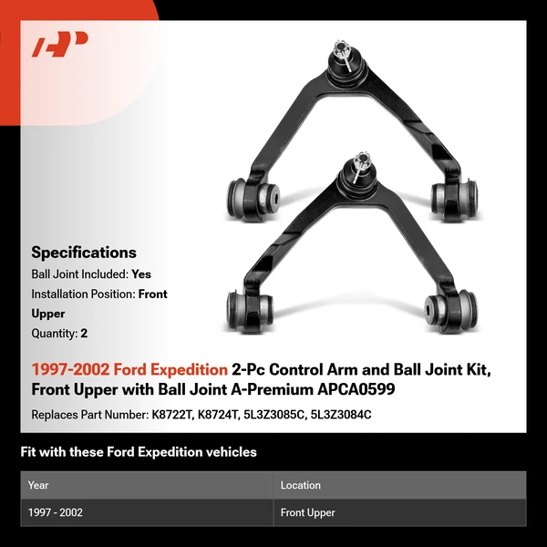 1997-2002 Ford Expedition 2-Pc Control Arm and Ball Joint Kit, Front Upper with Ball Joint A-Premium APCA0599