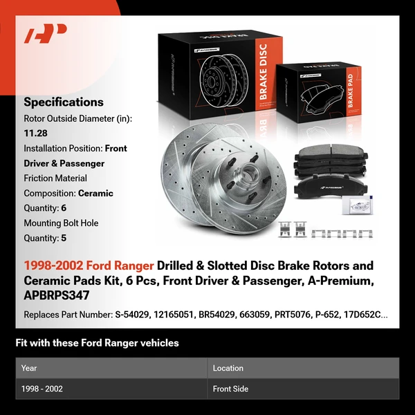1998-2002 Ford Ranger Drilled & Slotted Disc Brake Rotors and Ceramic Pads Kit, 6 Pcs, Front Driver & Passenger, A-Premium, APBRPS347