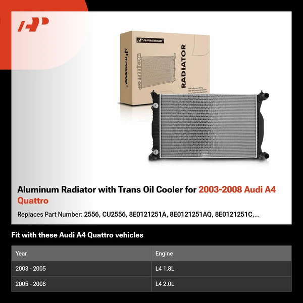 Aluminum Radiator with Trans Oil Cooler for 2003-2008 Audi A4 Quattro