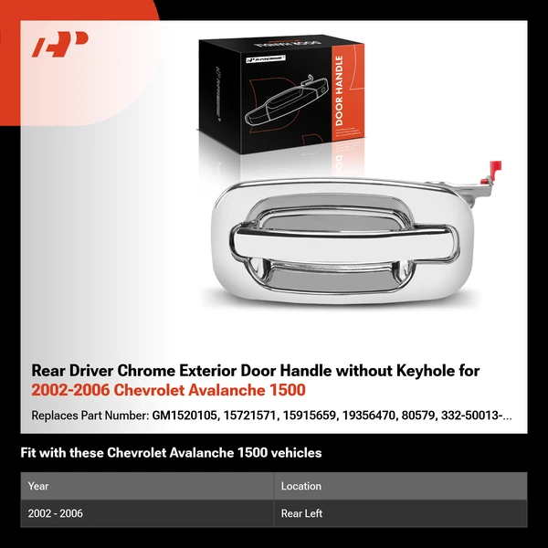 Rear Driver Chrome Exterior Door Handle without Keyhole for 2002-2006 Chevrolet Avalanche 1500