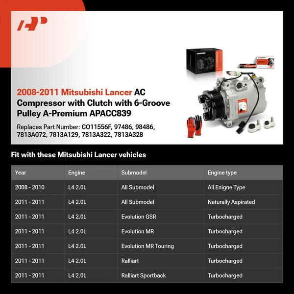2008-2011 Mitsubishi Lancer AC Compressor with Clutch with 6-Groove Pulley A-Premium APACC839