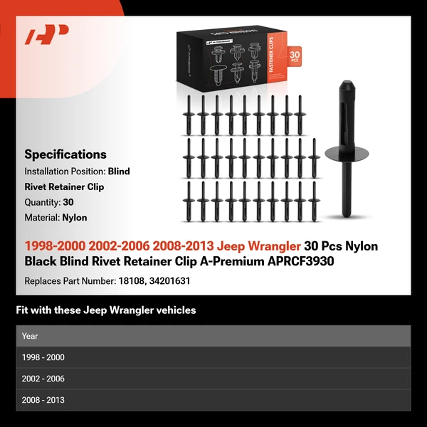 1998-2000 2002-2006 2008-2013 Jeep Wrangler 30 Pcs Nylon Black Blind Rivet Retainer Clip A-Premium APRCF3930