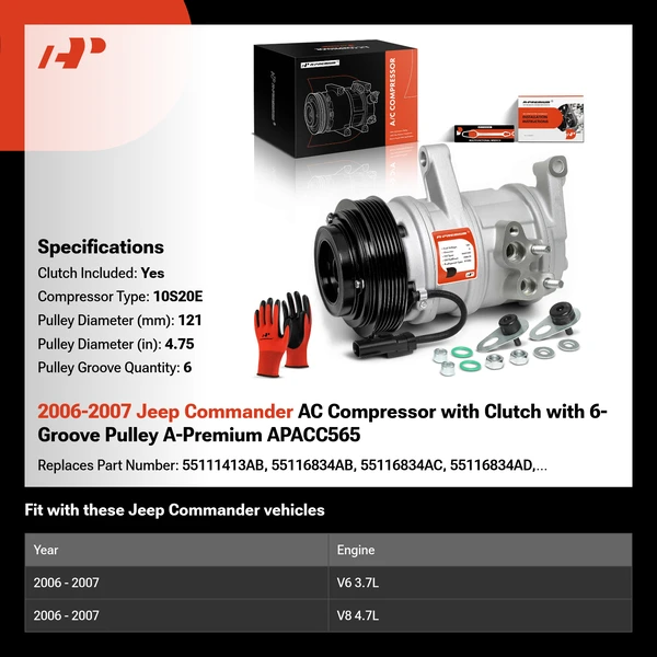 2006-2007 Jeep Commander AC Compressor with Clutch with 6-Groove Pulley A-Premium APACC565