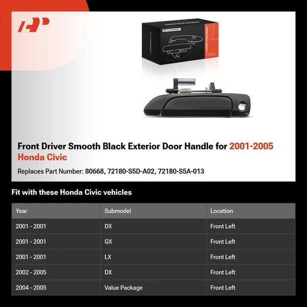 Front Driver Smooth Black Exterior Door Handle for 2001-2005 Honda Civic