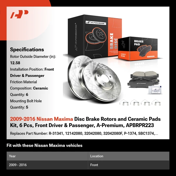 2009-2016 Nissan Maxima Disc Brake Rotors and Ceramic Pads Kit, 6 Pcs, Front Driver & Passenger, A-Premium, APBRPR223
