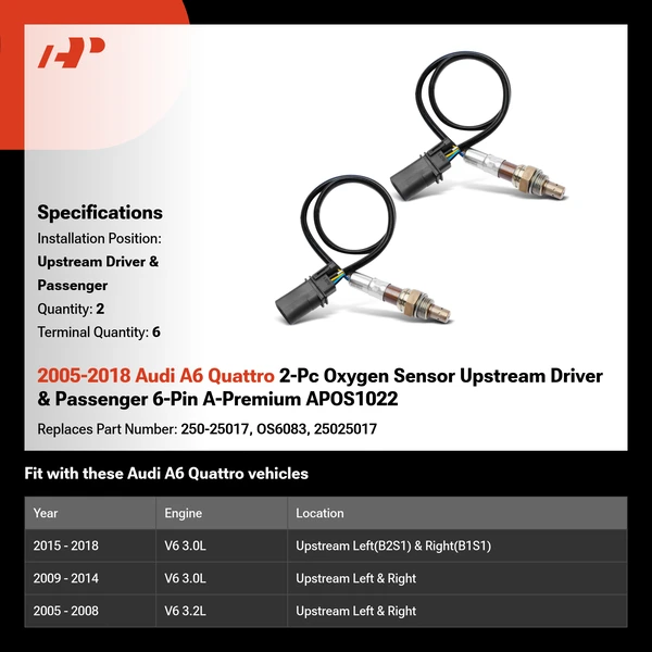2005-2018 Audi A6 Quattro 2-Pc Oxygen Sensor Upstream Driver & Passenger 6-Pin A-Premium APOS1022