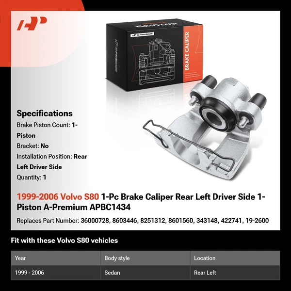 1999-2006 Volvo S80 1-Pc Brake Caliper Rear Left Driver Side 1-Piston A-Premium APBC1434