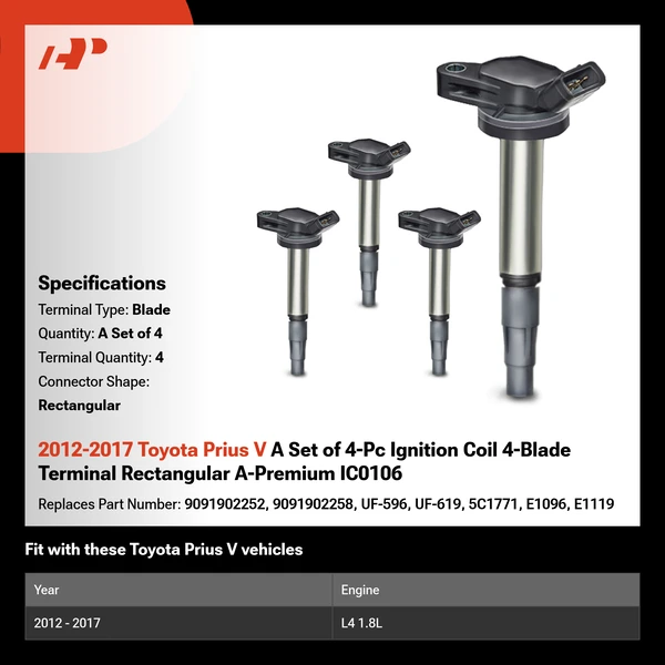 2012-2017 Toyota Prius V A Set of 4-Pc Ignition Coil 4-Blade Terminal Rectangular A-Premium IC0106