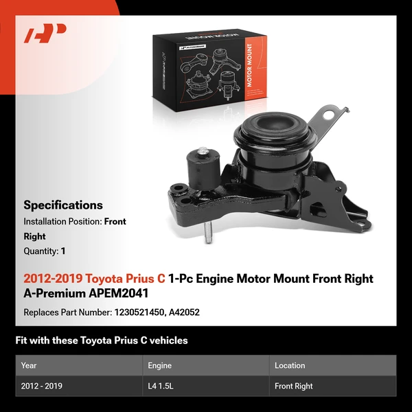 2012-2019 Toyota Prius C 1-Pc Engine Motor Mount Front Right A-Premium APEM2041