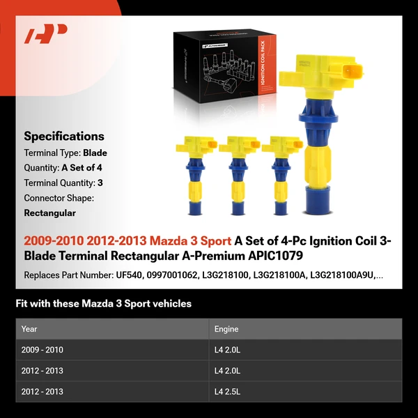 2009-2010 2012-2013 Mazda 3 Sport A Set of 4-Pc Ignition Coil 3-Blade Terminal Rectangular A-Premium APIC1079
