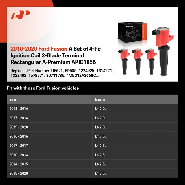 2010-2020 Ford Fusion A Set of 4-Pc Ignition Coil 2-Blade Terminal Rectangular A-Premium APIC1056