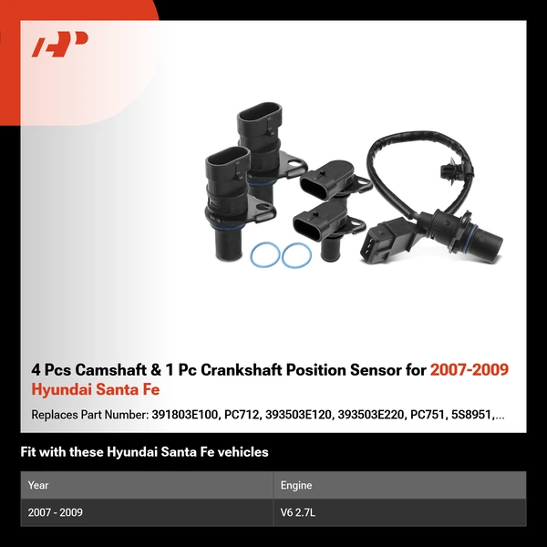 4 Pcs Camshaft & 1 Pc Crankshaft Position Sensor for 2007-2009 Hyundai Santa Fe