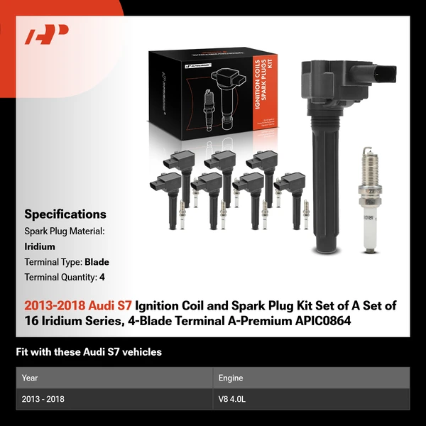 2013-2018 Audi S7 Ignition Coil and Spark Plug Kit Set of A Set of 16 Iridium Series, 4-Blade Terminal A-Premium APIC0864
