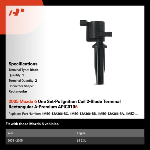 2005 Mazda 6 1-Pc Ignition Coil 2-Blade Terminal Rectangular A-Premium APIC0106