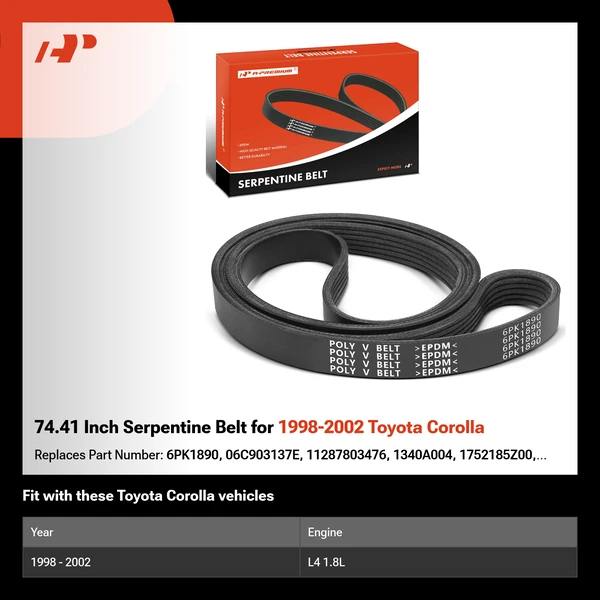 74.41 Inch Serpentine Belt for 1998-2002 Toyota Corolla