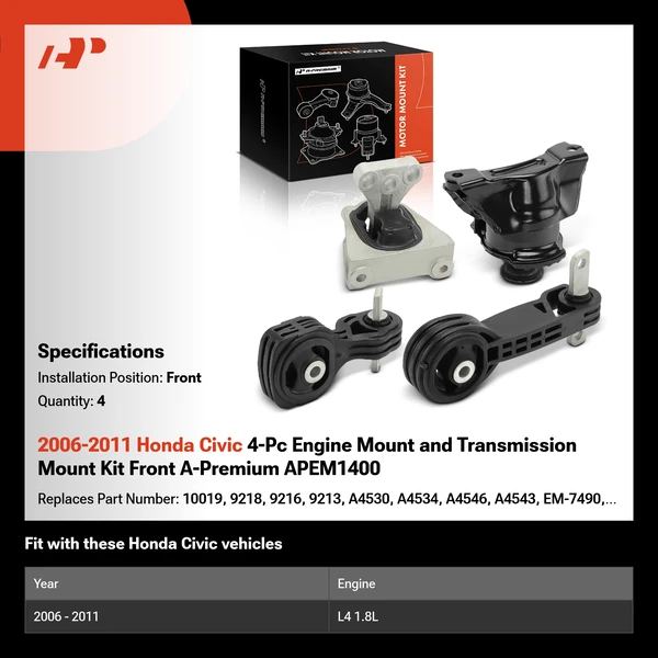 2006-2011 Honda Civic 4-Pc Engine Mount and Transmission Mount Kit Front A-Premium APEM1400