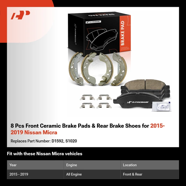 8 Pcs Front Ceramic Brake Pads & Rear Brake Shoes for 2015-2019 Nissan Micra