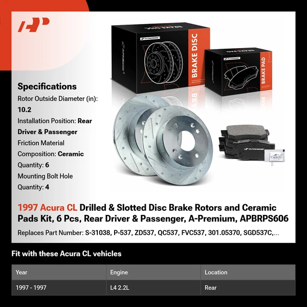 1997 Acura CL Drilled & Slotted Disc Brake Rotors and Ceramic Pads Kit, 6 Pcs, Rear Driver & Passenger, A-Premium, APBRPS606
