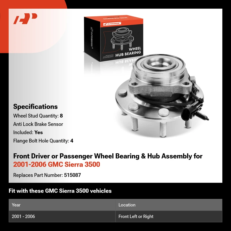 Front Driver or Passenger Wheel Bearing & Hub Assembly for 2001-2006 GMC Sierra 3500