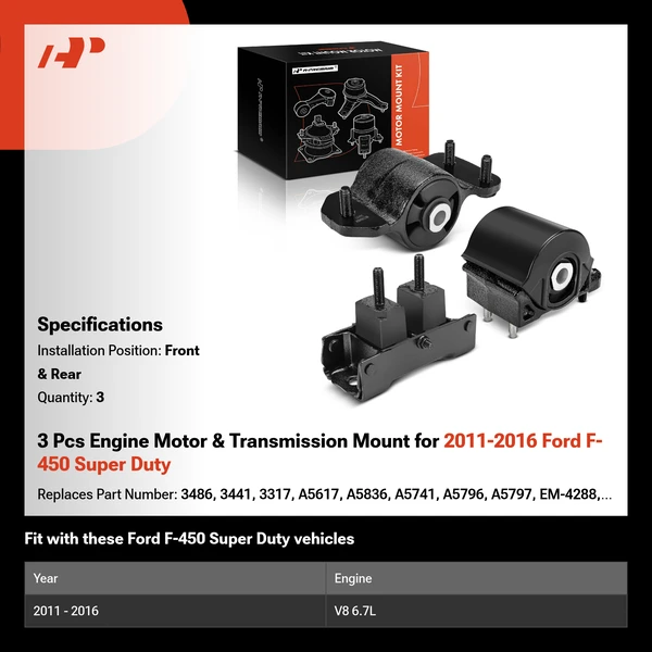 3 Pcs Engine Motor & Transmission Mount for 2011-2016 Ford F-450 Super Duty