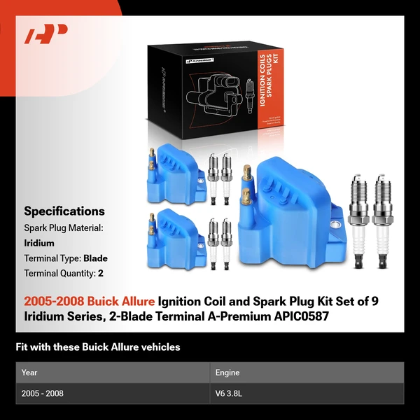2005-2008 Buick Allure Ignition Coil and Spark Plug Kit Set of 9 Iridium Series, 2-Blade Terminal A-Premium APIC0587