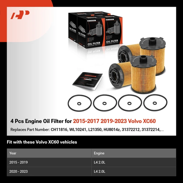 4 Pcs Engine Oil Filter for 2015-2017 2019-2023 Volvo XC60