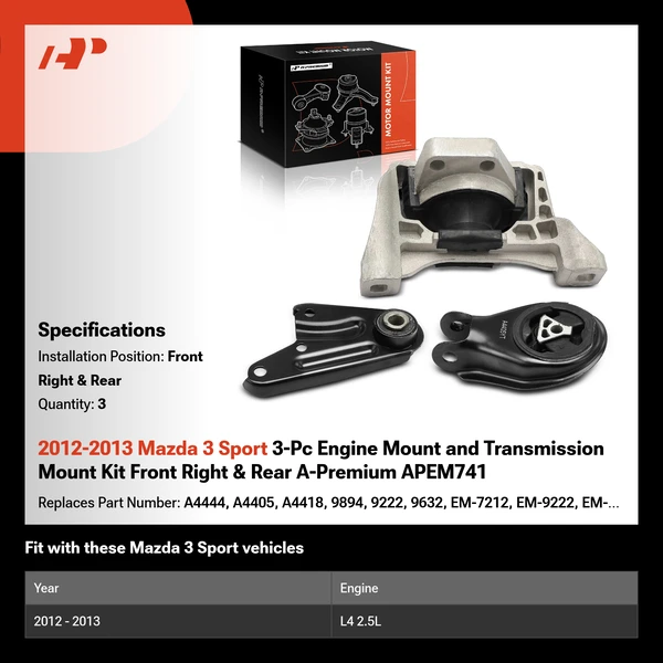 2012-2013 Mazda 3 Sport 3-Pc Engine Mount and Transmission Mount Kit Front Right & Rear A-Premium APEM741