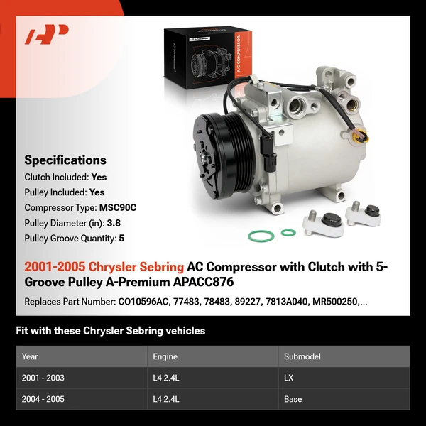 2001-2005 Chrysler Sebring AC Compressor with Clutch with 5-Groove Pulley A-Premium APACC876