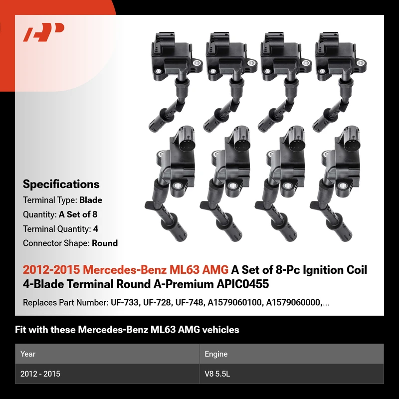 2012-2015 Mercedes-Benz ML63 AMG A Set of 8-Pc Ignition Coil 4-Blade Terminal Round A-Premium APIC0455