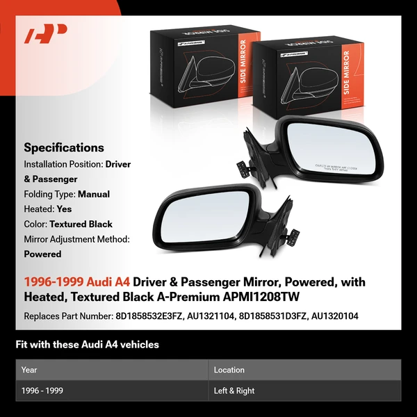 1996-1999 Audi A4 Driver & Passenger Mirror, Powered, with Heated, Textured Black A-Premium APMI1208TW