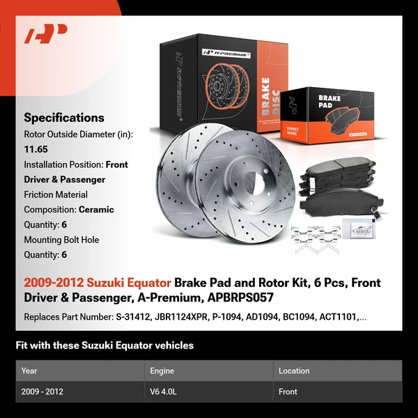 2009-2012 Suzuki Equator Brake Pad and Rotor Kit, 6 Pcs, Front Driver & Passenger, A-Premium, APBRPS057