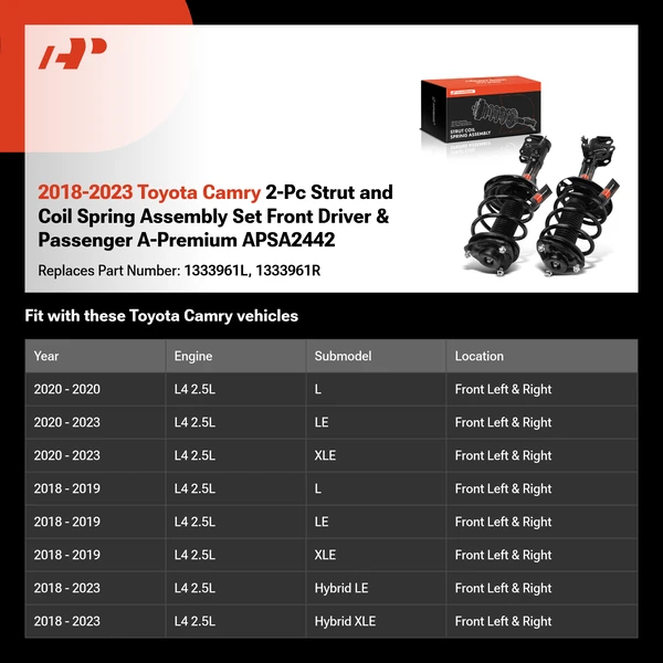 2018-2023 Toyota Camry 2-Pc Strut and Coil Spring Assembly Set Front Driver & Passenger A-Premium APSA2442