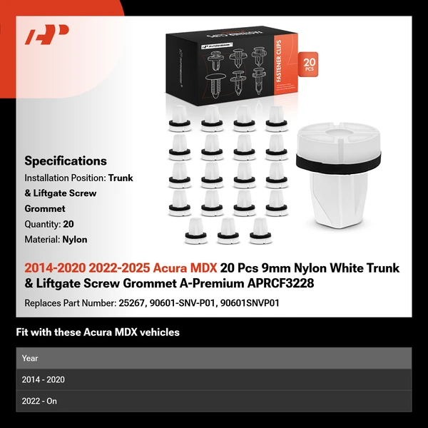 2014-2020 2022-2025 Acura MDX 20 Pcs 9mm Nylon White Trunk & Liftgate Screw Grommet A-Premium APRCF3228