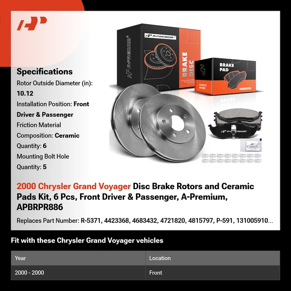 2000 Chrysler Grand Voyager Disc Brake Rotors and Ceramic Pads Kit, 6 Pcs, Front Driver & Passenger, A-Premium, APBRPR886
