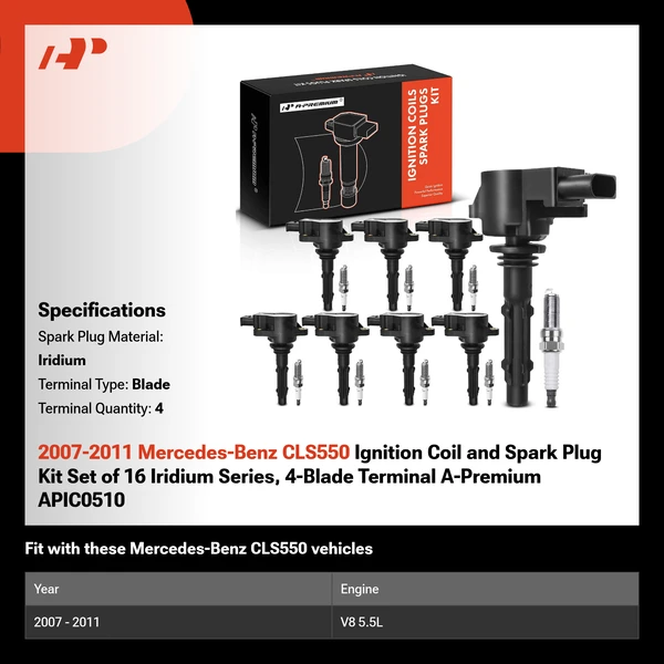 2007-2011 Mercedes-Benz CLS550 Ignition Coil and Spark Plug Kit Set of 16 Iridium Series, 4-Blade Terminal A-Premium APIC0510
