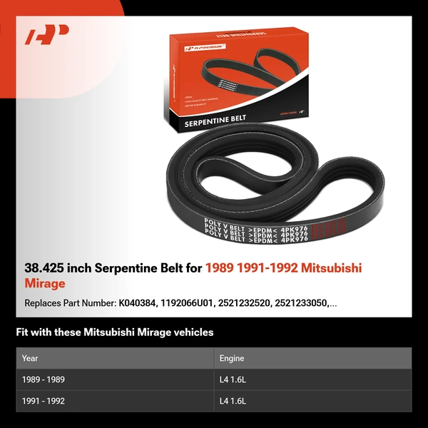 38.425 inch Serpentine Belt for 1989 1991-1992 Mitsubishi Mirage