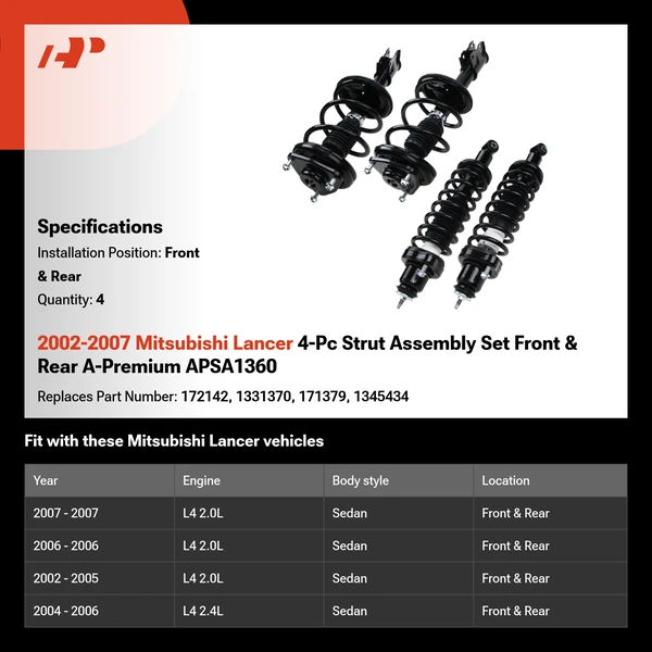 2002-2007 Mitsubishi Lancer 4-Pc Strut Assembly Set Front & Rear A-Premium APSA1360