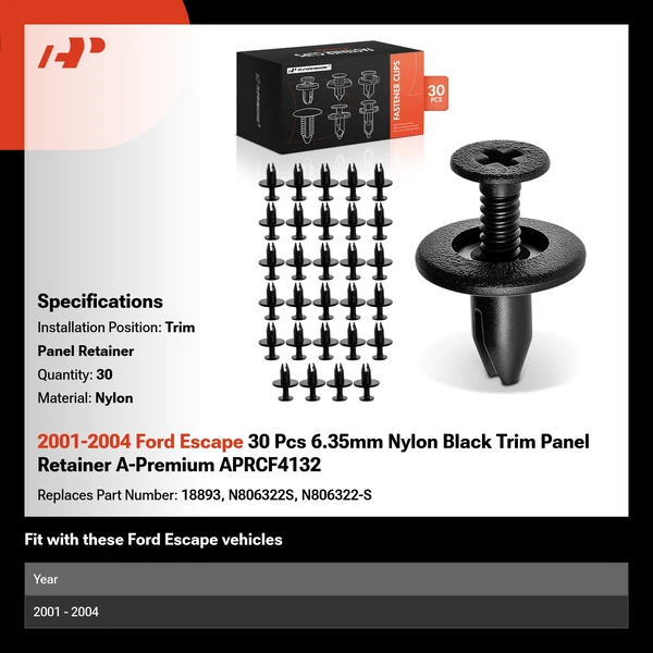 2001-2004 Ford Escape 30 Pcs 6.35mm Nylon Black Trim Panel Retainer A-Premium APRCF4132