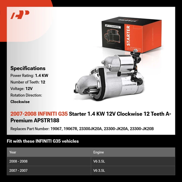 2007-2008 INFINITI G35 Starter 1.4 KW 12V Clockwise 12 Teeth A-Premium APSTR188