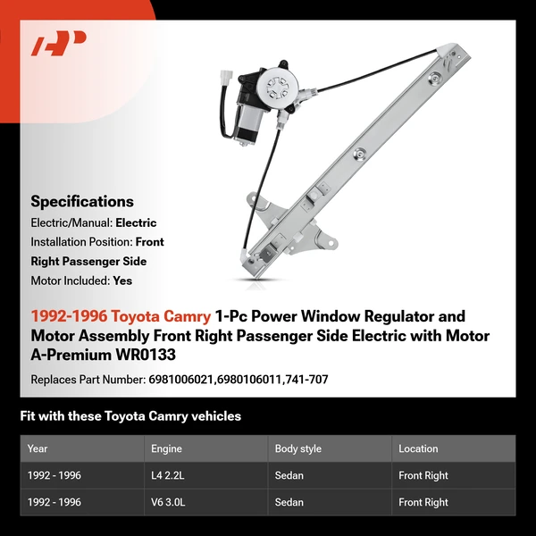 1992-1996 Toyota Camry 1-Pc Power Window Regulator and Motor Assembly Front Right Passenger Side Electric with Motor A-Premium WR0133