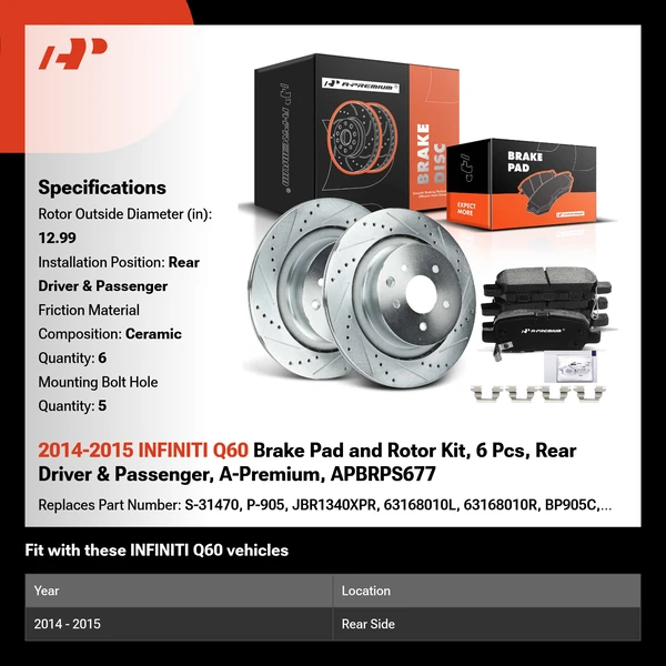 2014-2015 INFINITI Q60 Brake Pad and Rotor Kit, 6 Pcs, Rear Driver & Passenger, A-Premium, APBRPS677
