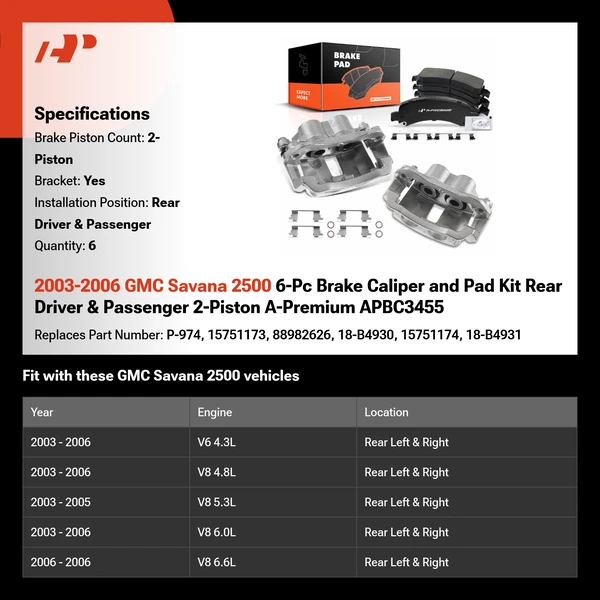 2003-2006 GMC Savana 2500 6-Pc Brake Caliper and Pad Kit Rear Driver & Passenger 2-Piston A-Premium APBC3455