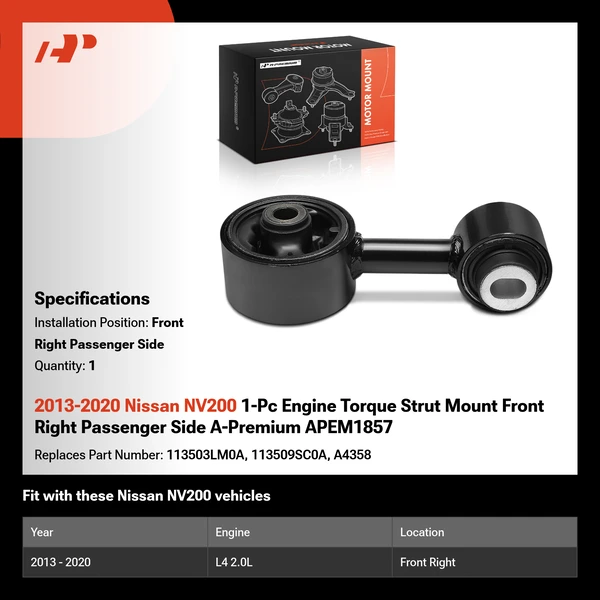 2013-2020 Nissan NV200 1-Pc Engine Torque Strut Mount Front Right Passenger Side A-Premium APEM1857