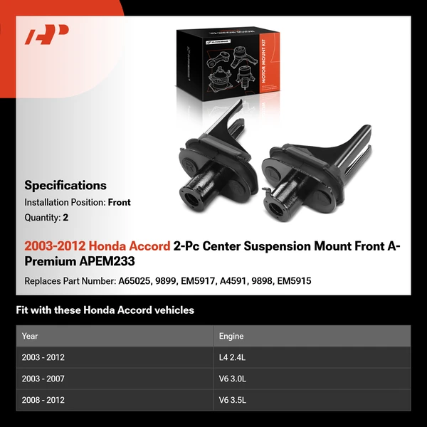 2003-2012 Honda Accord 2-Pc Center Suspension Mount Front A-Premium APEM233