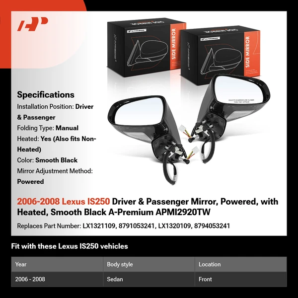 2006-2008 Lexus IS250 Driver & Passenger Mirror, Powered, with Heated, Smooth Black A-Premium APMI2920TW