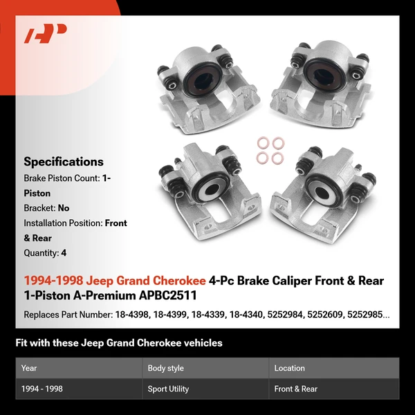 1994-1998 Jeep Grand Cherokee 4-Pc Brake Caliper Front & Rear 1-Piston A-Premium APBC2511