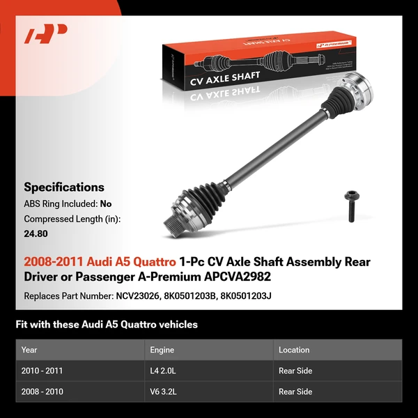 2008-2011 Audi A5 Quattro 1-Pc CV Axle Shaft Assembly Rear Driver or Passenger A-Premium APCVA2982