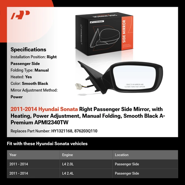 2011-2014 Hyundai Sonata Right Passenger Side Mirror, with Heating, Power Adjustment, Manual Folding, Smooth Black A-Premium APMI2340TW